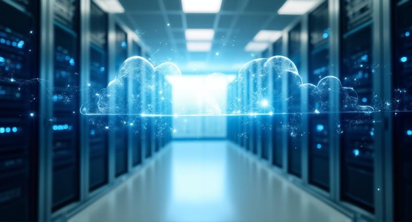 Professional looking cloud infrastructure diagram and server room overlay
